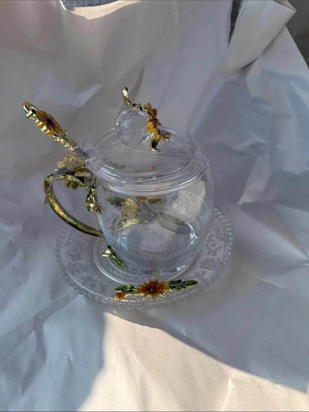 Sunflower Glass Teapot with Spoon and Saucer - Yellow Floral Accent
